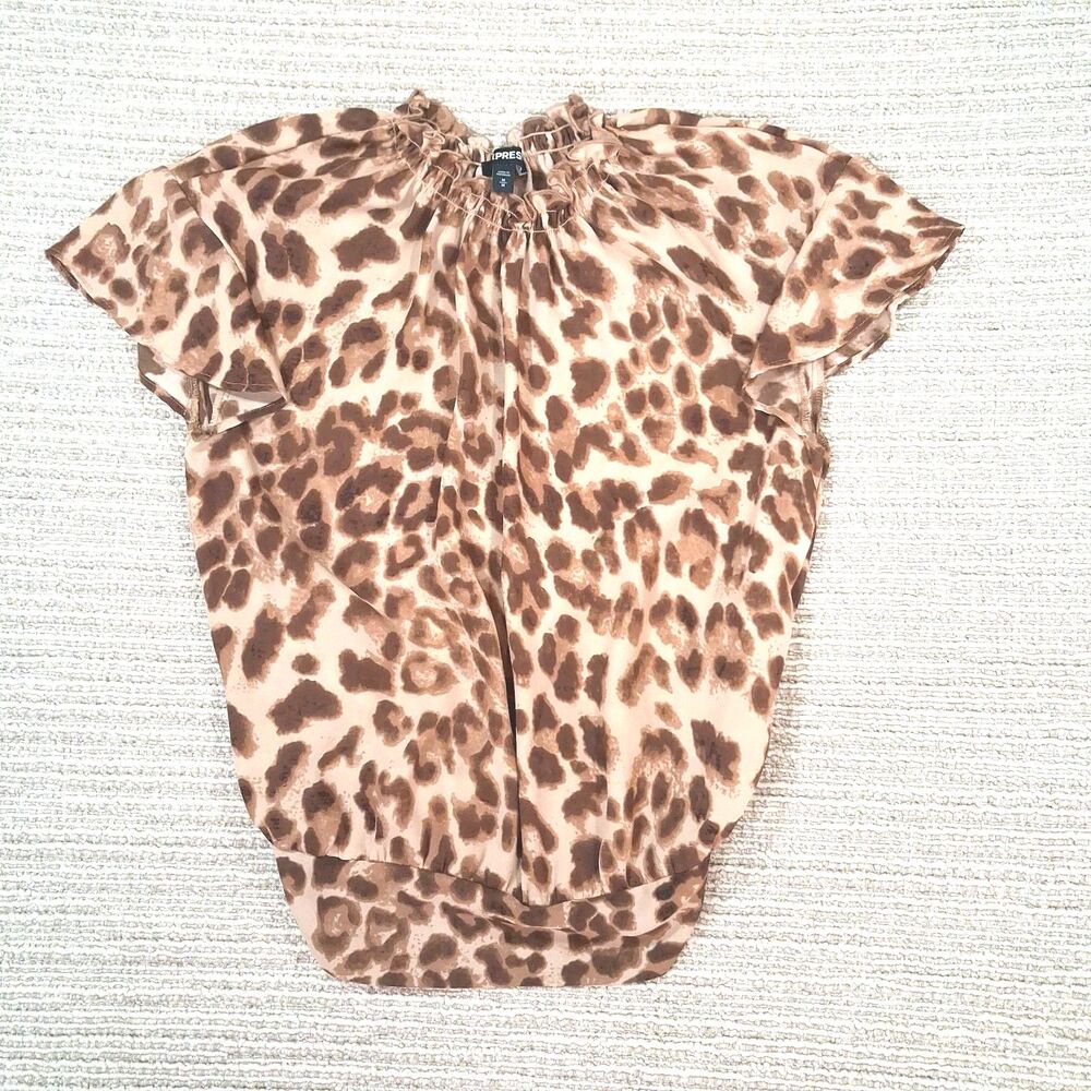 express leopard print ruffle neck short sleeve blouse top medium brown tan
